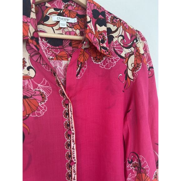 Chico's Pink Floral Blouse Sz M Long Sleeve Button Down Ruche Wrist Boho - Picture 2 of 13